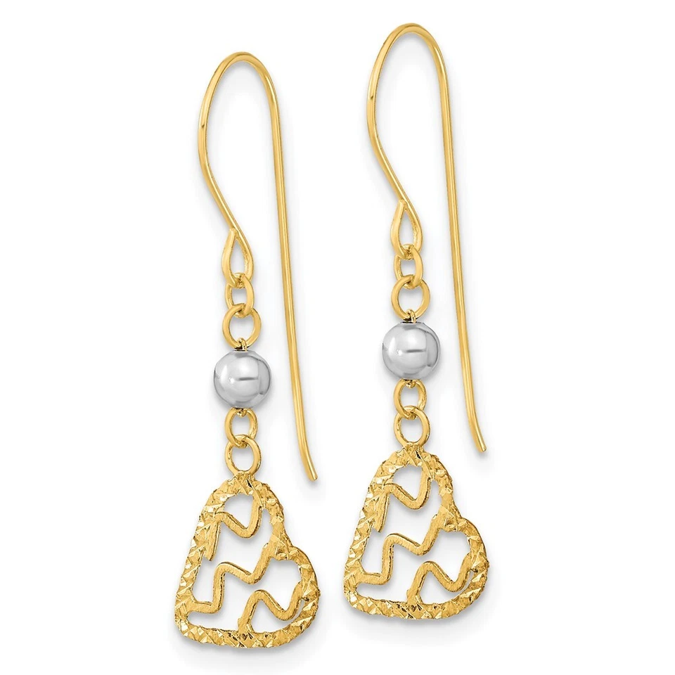 29mm 14k Yellow & White Gold Satin & Shiny-Cut Heart Dangle Hook Earrings - Image 2 of 4