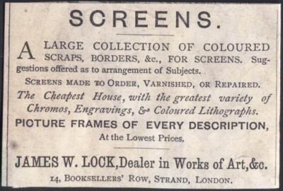 Kleine Vintage Reklame aus den 1870er Jahren: SCHROTT FÜR BILDSCHIRME - Londons größte Vielfalt