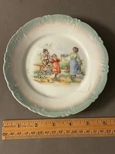 VTG UNMARKED AQUA LIGHT BLUE HAND PAINTED LUSTREWARE 6" PLATE WOMAN WITH KIDS