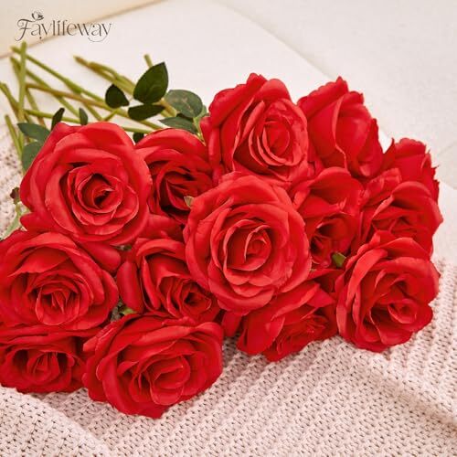 Roses Artificial Flowers Fake Silk Rose with Long Stems, Realistic 20PCS Red - Picture 7 of 7