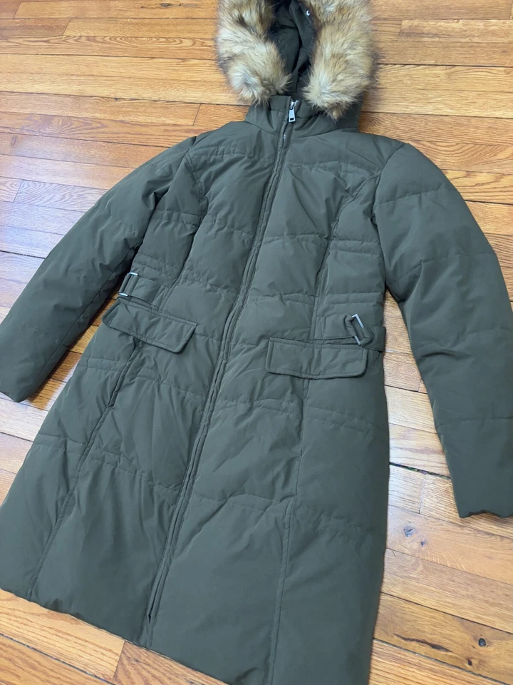 Jones Нью-Йорк женщин вниз пуховик пальто размер средний зеленый изолированный мех отделки капюшон - Изображение 4 из 4