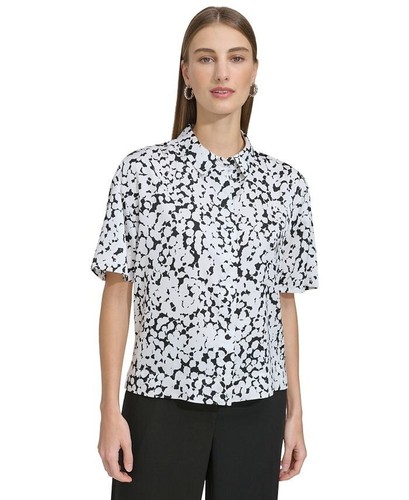 DKNY Women's Printed Satin Shirt Work Formal Casual Top Black & white XL