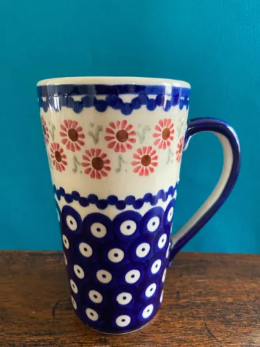 Boleslawiec Polish Pottery Tall Mug Hand Painted Poland 14oz Coffee Cup Folk Art
