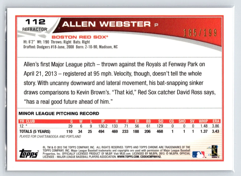 2013 Topps Chrome (Blue Refractor) -#112 ALLEN WEBSTER (RedSox) AUTO Ser#120/199 - Image 2 of 2