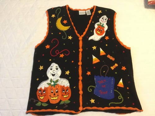 Vintage Carolina Colours Halloween Sweater Vest Women Size Large Ghost