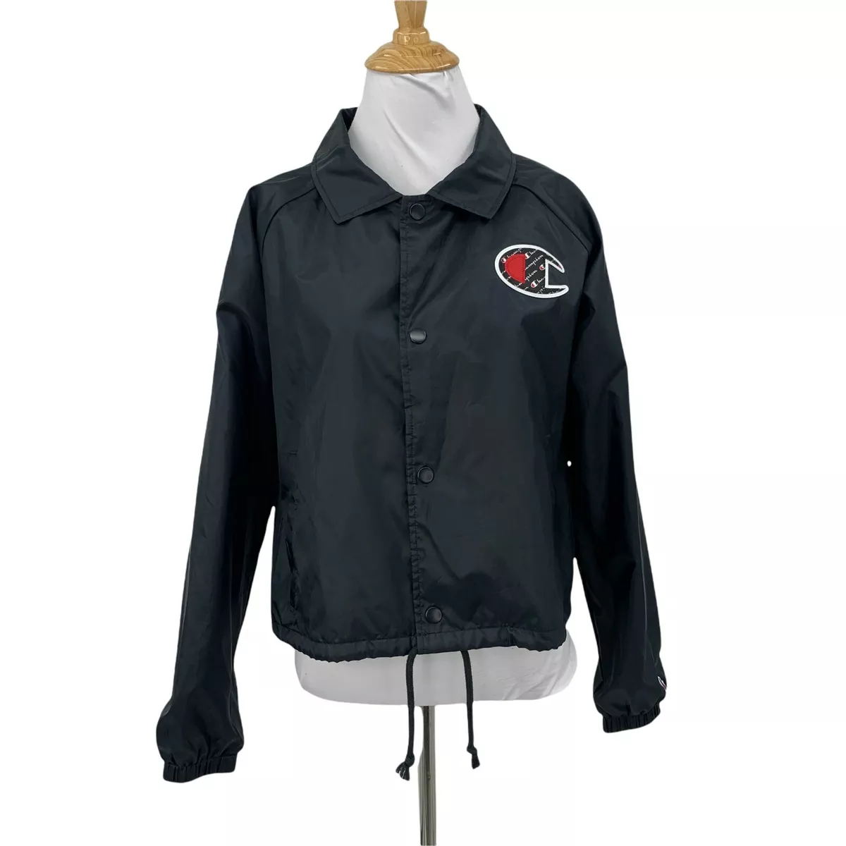 Champion Nylon Wind Jacket Women Size M Black Retro Snap Buttons Spellout Logo