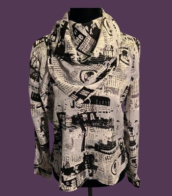 Milk & Honey Newspaper Style Print, Cowl Neck Blouse Sz S Gazette Artsy