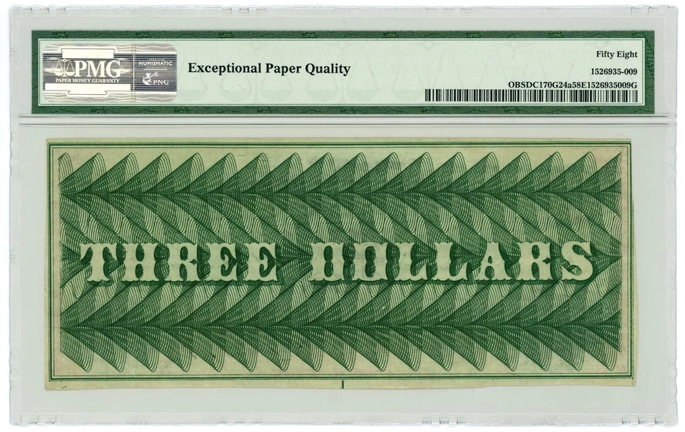 July 4th, 1862 $3 The Bullion Bank - Washington, D.C. Note PMG Ch.AU 58 EPQ - Image 2 of 2