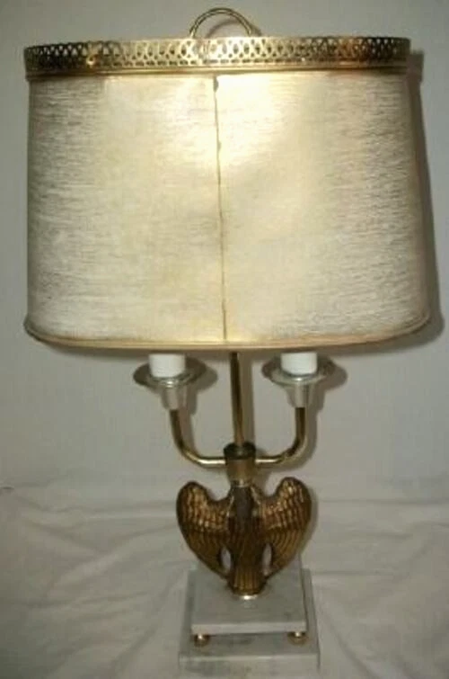 Lámpara Bouillotte Vintage Americana Federal Eagle Latón Mármol Papel Galería Pantalla Foto 4 de 4