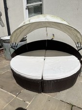 Rattan Garden Loveseat with Cushions & Hood – Used Condition