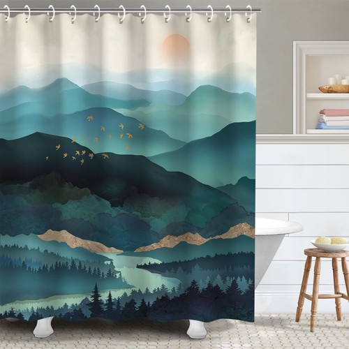 Mountain Shower Curtain, Teal for Bathroom, Cool Nature Hooks, Watercolor Mis...