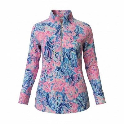 Lilly Pulitzer Skipper Popover Coral Bay Half Zip Sweatshirt Pink Blue Size M