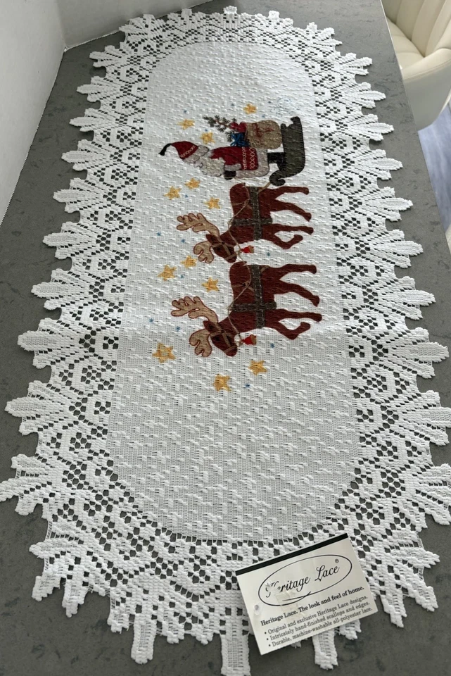 Vintage Heritage Lace 14” X 30” Santa Claus & Reindeer Christmas Table Runner - Image 4 of 4