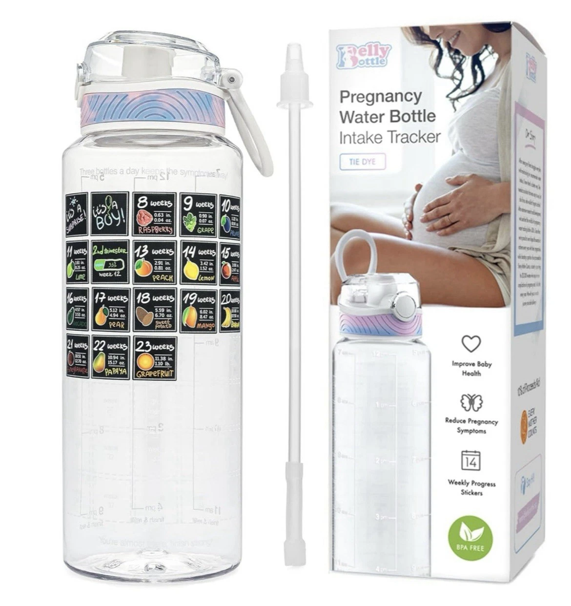 Belly Bottle Pregnancy Water Intake Bottle Straw & Weekly Progress Stickers