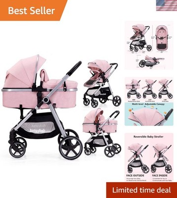 2-in-1 Pink Baby Stroller with Reversible Seat & Adjustable Canopy, 0-36