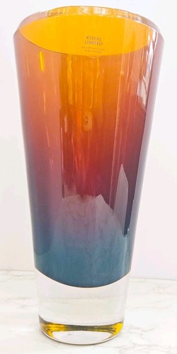 Murano Style Hand Blown Royal Limited Crystal Vase Amber Poland 11.1” Tall