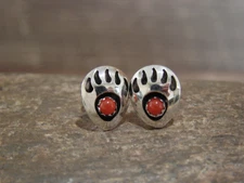 Native American Sterling Silver & Coral Bear Paw Stud Post Earrings - Parker