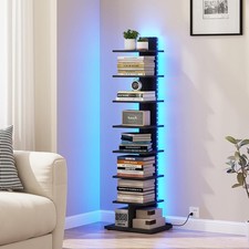 Narrow Bookshelf 8-Tier Bookcase W/ LED Lights Spine Book Shelf Small Space