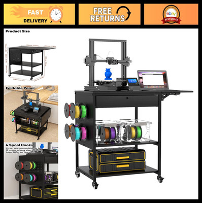 Rolling 3D Printer Stand Workstation Desk Cart with Filament Storage for Home Of