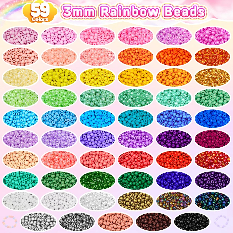 24395 St. Perlen Set zum Auffädeln Armbänder Glasperlen 3mm, 60 Farbe+Dekoration - Bild 3 von 4