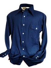 VTG 70's "demos" Navy Blue Textured Polyester Mod Collar L/S Shirt L