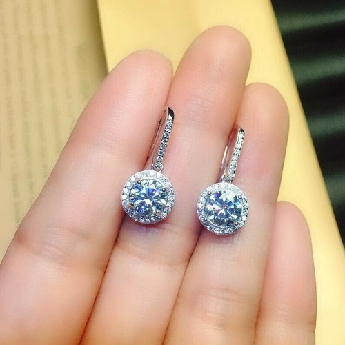 1ct Round Cut Simulated Diamond Halo Drop Earrings Women 14k White Gold Plated - Picture 4 of 5