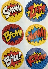 25 Super Hero Stickers Party Favors Teacher Supply Smash Boom Zap Wham Bam 
