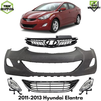 Front Bumper Cover Primed Plastic & Fog Lights Kit For 2011-2013 Hyundai Elantra