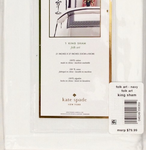 NEW KATE SPADE NY FOLK ART KING PILLOW SHAM WHITE/ NAVY BLUE EMBROIDERED TRIM - Picture 4 of 4