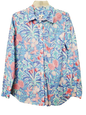 Talbots 100% Cotton Ratti Tropical Pineapple Butterfly Print Button-Up Shirt LGE
