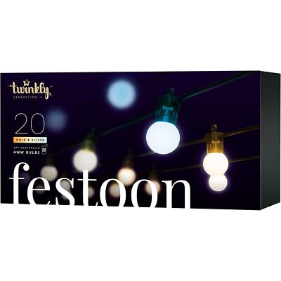 Twinkly Festoon Black Wire Bulb Lights String, Gold & Silver, 20 AWW LED, 32.8ft