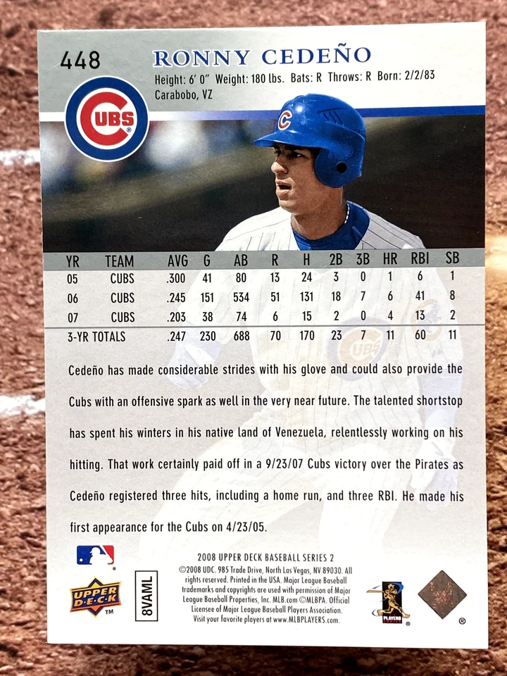 2008 Upper Deck Ronny Cedeno #448 Chicago Cubs - Image 2 of 2