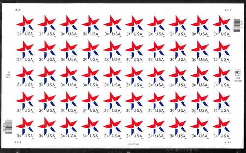 PATRIOTIC STAR US #3614 RED WHITE BLUE 2002 LOWER RIGHT 3c SHEET OF 50 STAMPS