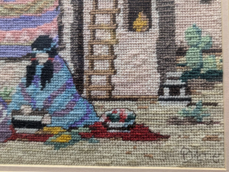 Native American Women at Work Needlepoint Picture Southwestern Pueblo Signed - Image 4 of 4