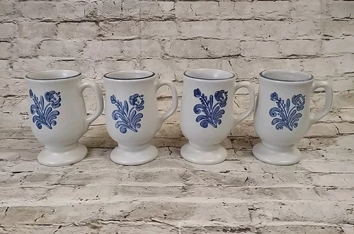 Vintage Pfaltzgraff Blue Floral Pedestal Stoneware Yorktown Footed Mugs Set of 4