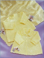 Baby Knitting Pattern, Matinee Coat,Dress & Shawl in 3ply, fit Prem-18” E44