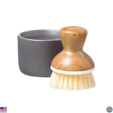 Bamboo Dish Brush & Ceramic Soap Dispenser Set - Kitchen Cleaning Tool
