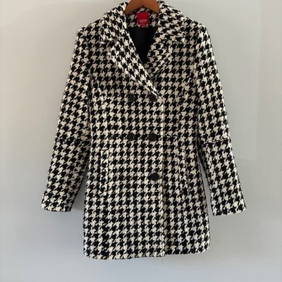 Esprit Pea Coat Womens Small Black White Houndstooth Wool Blend Double Breasted