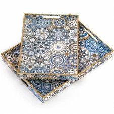 Set of 2 Decorative Serving Trays with Handles, Boho Tea Trays Ottoman Trays ...