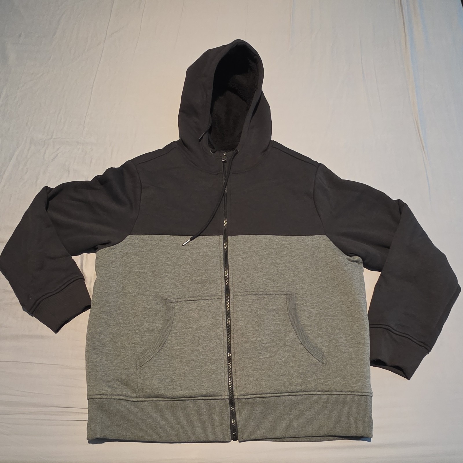George Men's XL Black Gray Sherpa Full Zip Hooded Hoodie Long Sleeve Sweatshirt