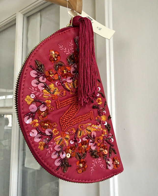 Anthropologie Fuchsia Embroidered Beaded Tassel Wristlet "N" Monogram Clutch NWT