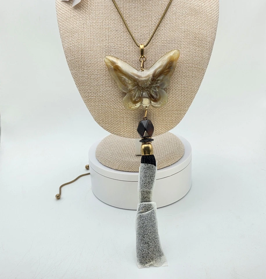 全新! CHICO'S 蝴蝶项链黑色流苏可转换面霜丙烯酸 Adj。 40 — 第 3/4 张图片