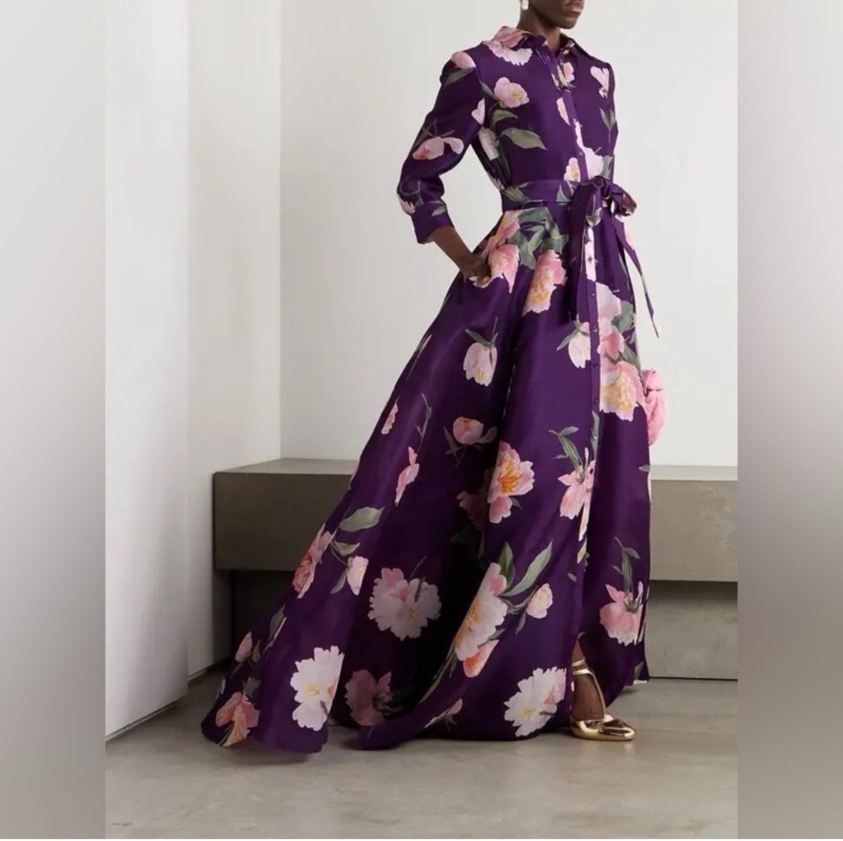 CAROLINA HERRERA Trench Gown In Fig Multi Purple Floral Belted Dress Size 8  NWT