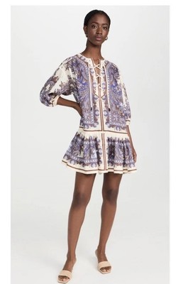 Final Zimmermann Ottie Paisley Lace-Up Linen Minidress Size 2 AU 8 US $827