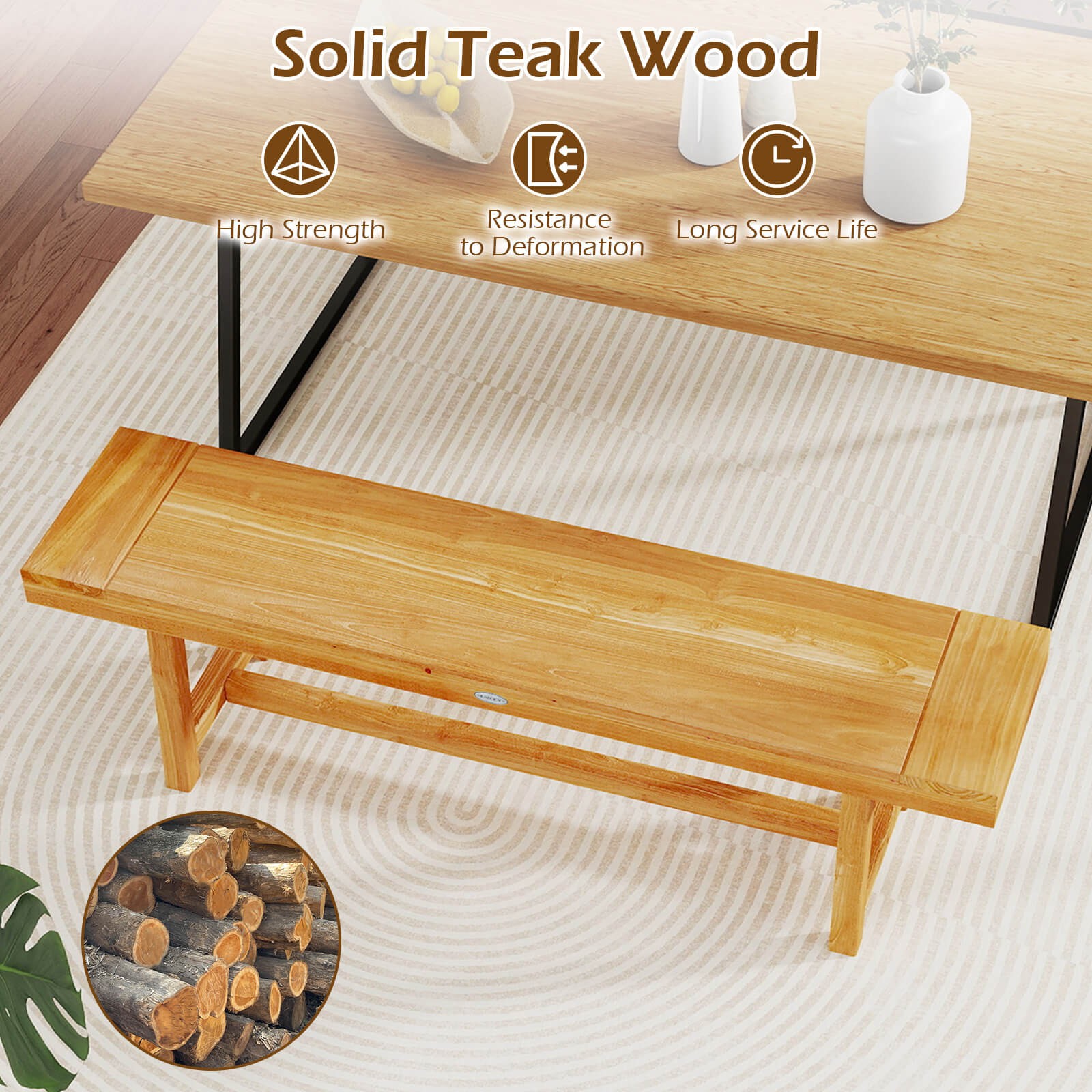 Rustic Farmhouse Narrow Bench for up to 3 People, 63 Inch Solid Wood Bench
