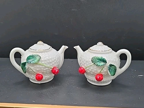 Vintage Milk Glass Cherry Tea Pot Salt & Pepper Shakers Japan