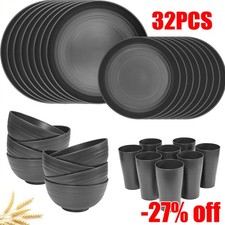 32 Pcs Wheat Straw Dinnerware Sets Black Dinnerware Sets 8 Unbreakable Outdoor