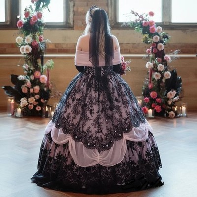 Historical Gothic Wedding Dress Black Lace Appliques Pink Princess Bridal Gowns | eBay Historical Gothic Wedding Dress Black Lace Appliques Pink Princess Bridal Gowns | eBay