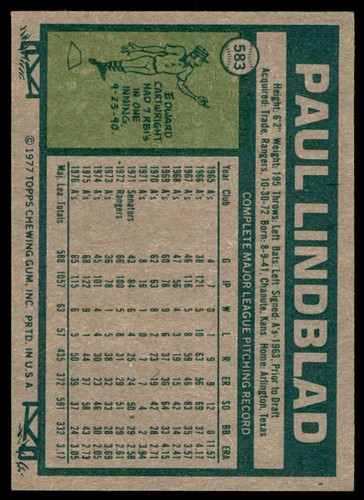 1977 TOPPS PAUL LINDBLAD. OAKLAND ATHLETICS #583 - Picture 2 of 2