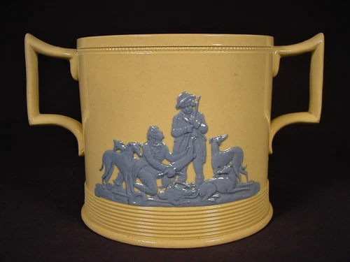 RARE SIZE 1800s HUNT SCENE 2HANDLE MUG LOVING CUP STAFFORDSHIRE YELLOW WARE MINT